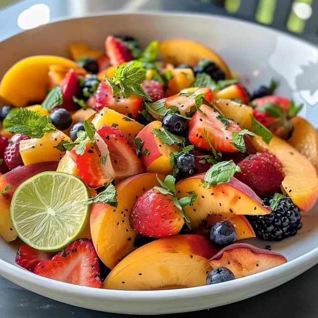 Close-up de uma salada de frutas frescas coloridas e suculentas.