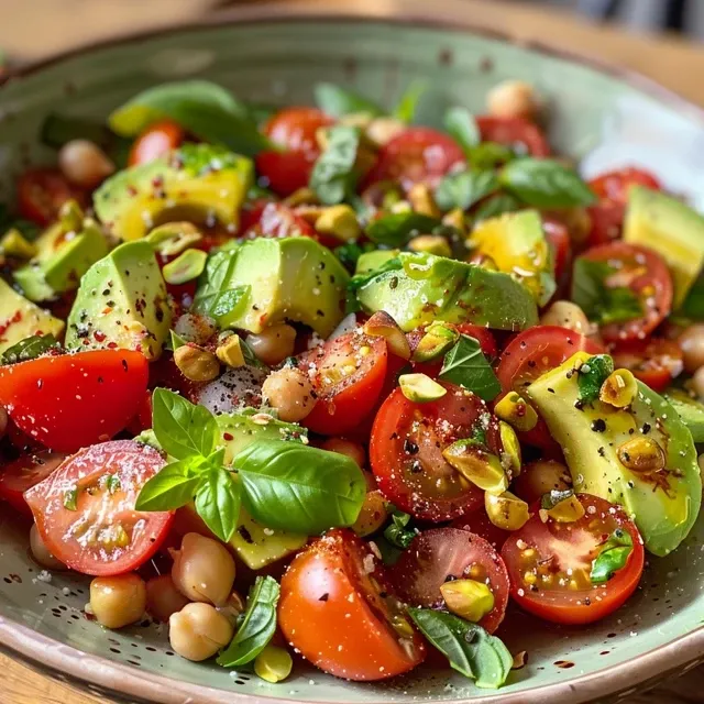 Close-up de uma salada vibrante com tomates, abacate e grão-de-bico.