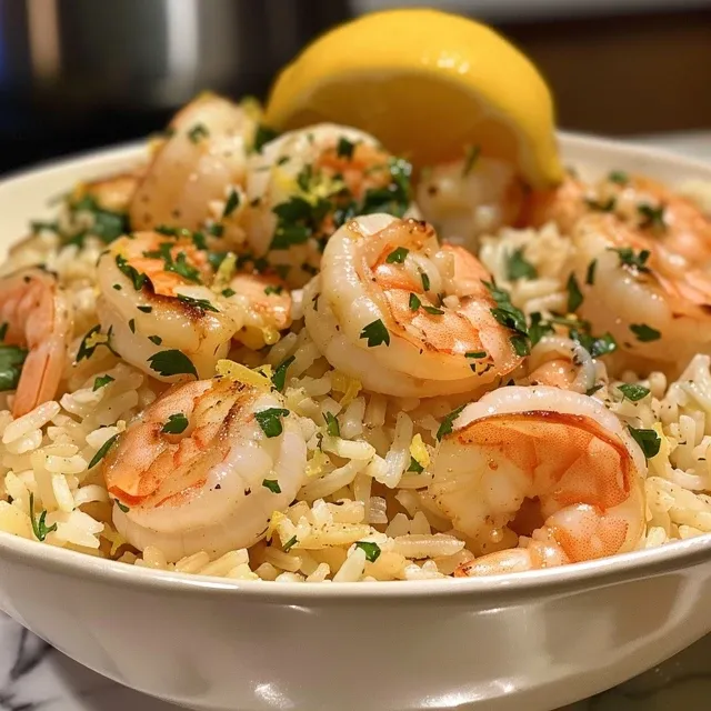 Close-up de arroz com camarões, limão e ervas, servido em um prato branco.