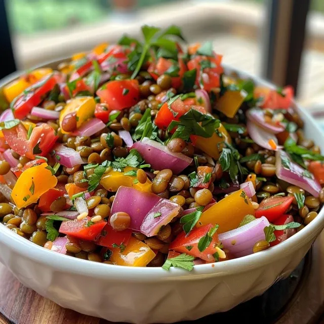 Imagem lateral de uma salada vibrante com lentilhas e pimentões variados.
