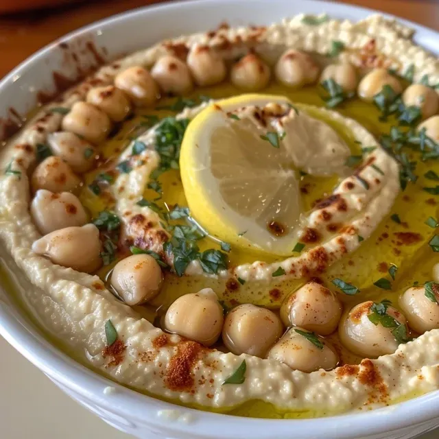 Side view of classic hummus topped with olive oil and served with a sprinkle of spices.