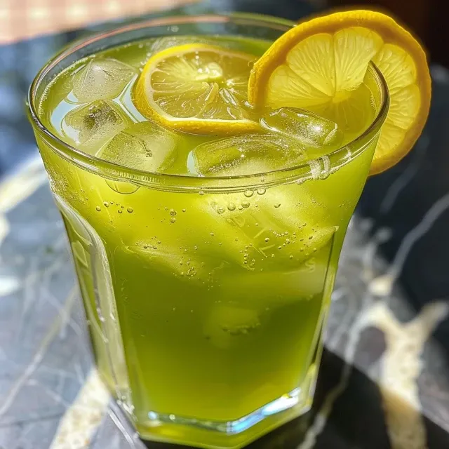 Side view of a refreshing iced green tea with ginger and lemon in a clear glass.