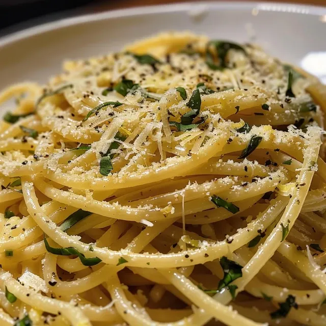 Side view of spaghetti coated in a buttery lemon sauce, garnished with green basil leaves.