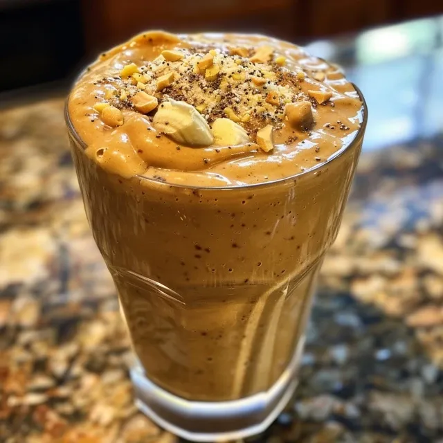 Side view of a vibrant smoothie glass filled with banana and peanut butter, garnished with nuts.
