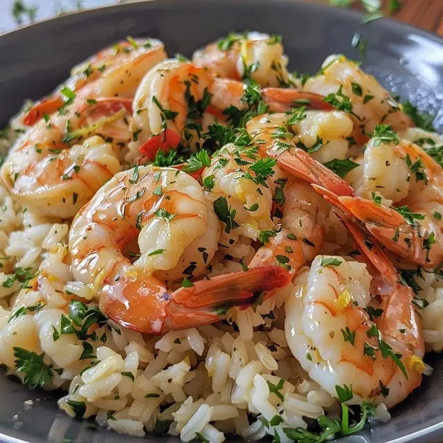 Close-up de camarões ao limão em um prato de arroz de alho, com destaque para a textura.
