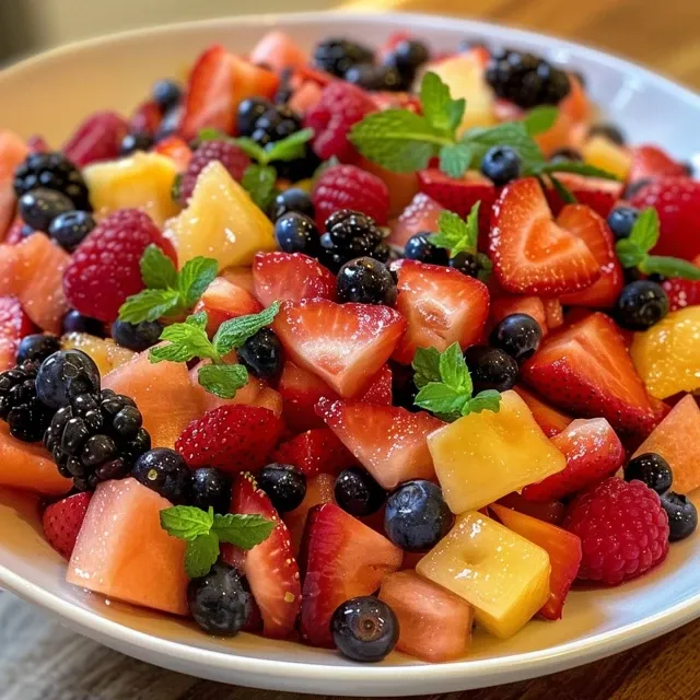Close-up de uma salada de frutas com melão cortado e frutas vermelhas.