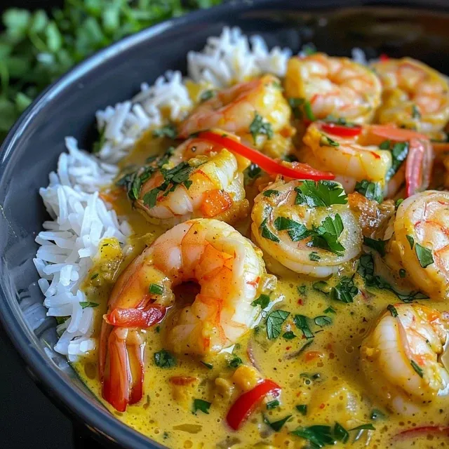 Delicious curry de camarão com leite de coco in a bowl, showcasing shrimp and spices.