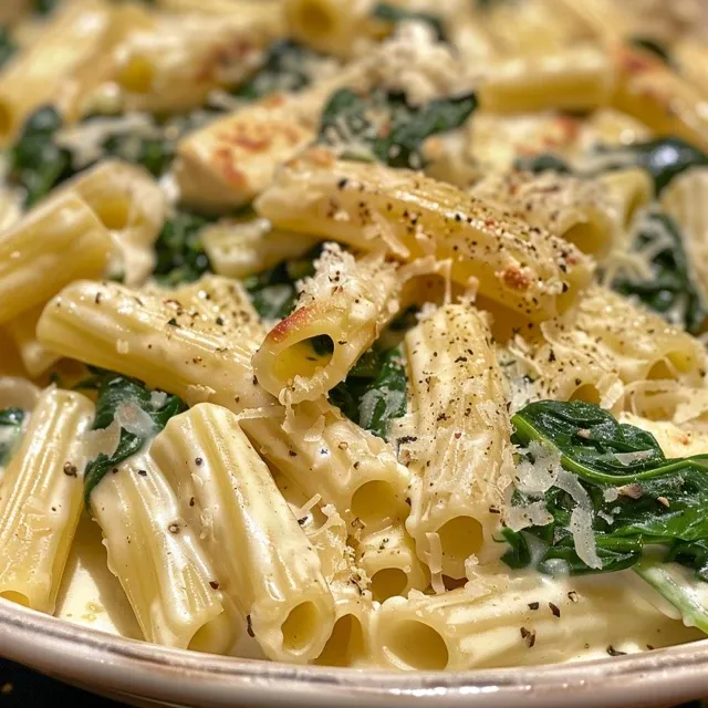 Side view of pasta in a creamy spinach sauce with garlic and parmesan.