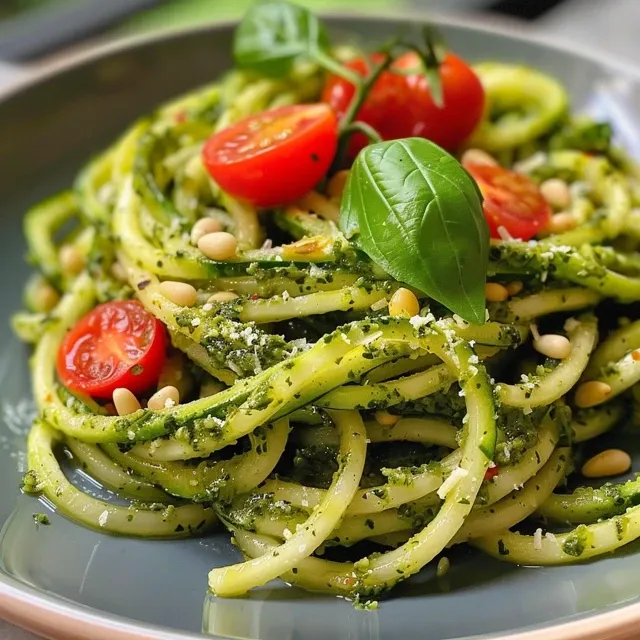 Vista lateral de noodles de abobrinha ao pesto, com ingredientes frescos visíveis.