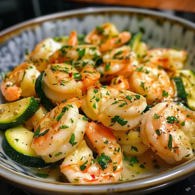 Side view of juicy shrimp and sliced zucchini in a cast iron skillet, garnished with parsley.
