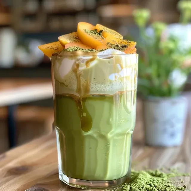 Refreshing Peach Matcha Latte showcasing vibrant green matcha and creamy peach layers, served on ice.