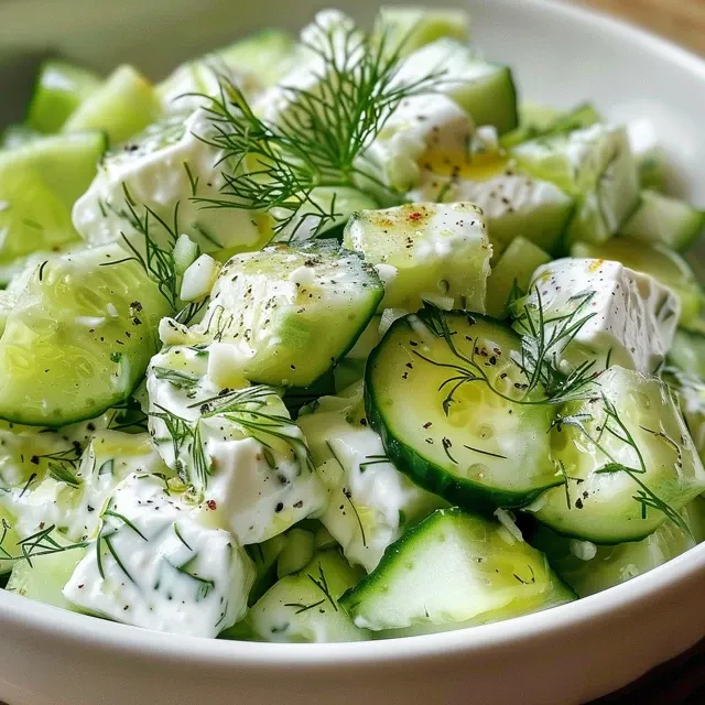 Prato de salada de pepino e iogurte com um fundo desfocado, destacando os ingredientes.