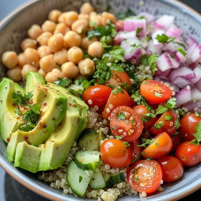 Fresh summer bowl with quinoa, diced avocado, cherry tomatoes, and greens.