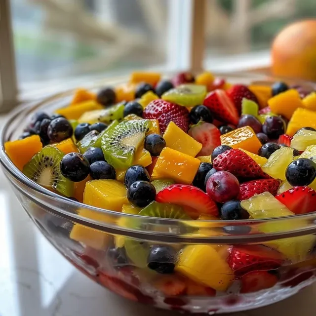 Close-up de uma salada de frutas, mostrando morangos, kiwis e mangas.