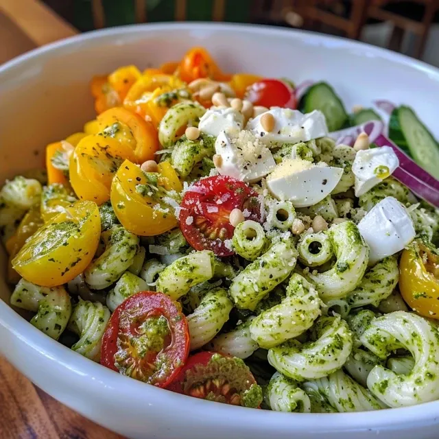 Side view of a vibrant pasta salad featuring cherry tomatoes and mozzarella.