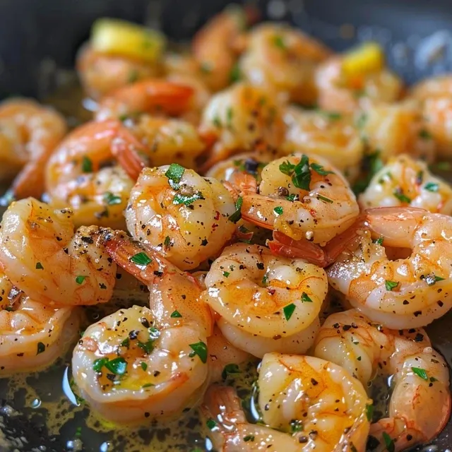 Side view of shrimp in garlic butter sauce with herbs.