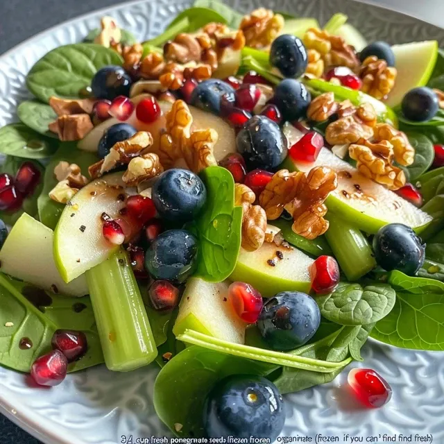 Imagem lateral de salada de espinafre, maçãs, e mirtilos em um prato elegante.