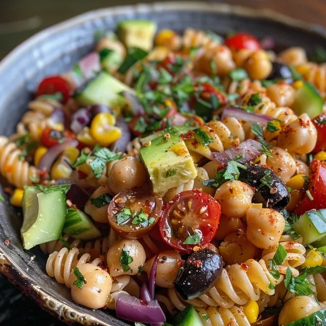 Close-up de uma salada colorida com grão de bico e ervas frescas.