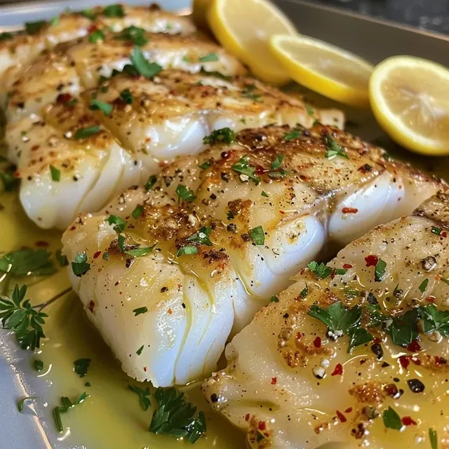 Close up de bacalhau grelhado com rodelas de limão e ervas frescas.