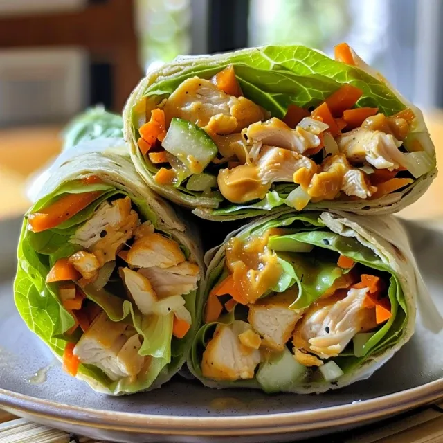 Close-up de um wrap de frango com vegetais frescos em uma folha de alface crocante.