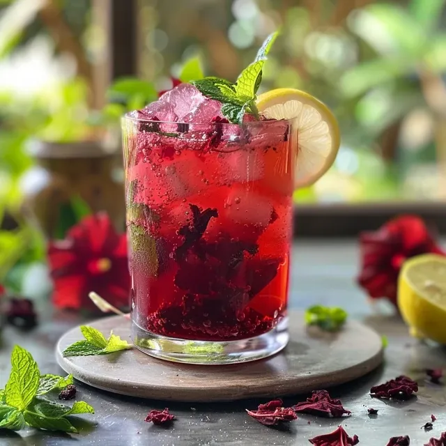 Chá de hibisco gelado em um copo, com limão e flores secas ao fundo.
