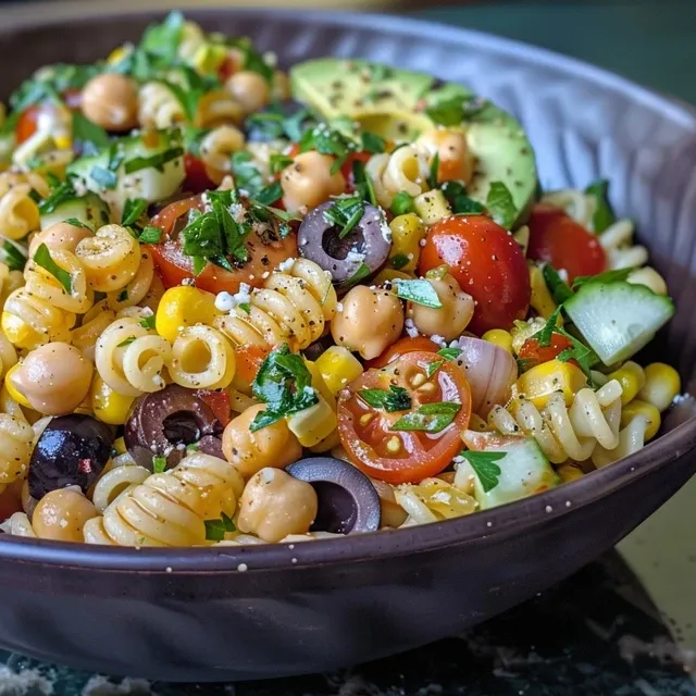 Salada colorida com macarrão, grão de bico, tomates e abacate em um prato.