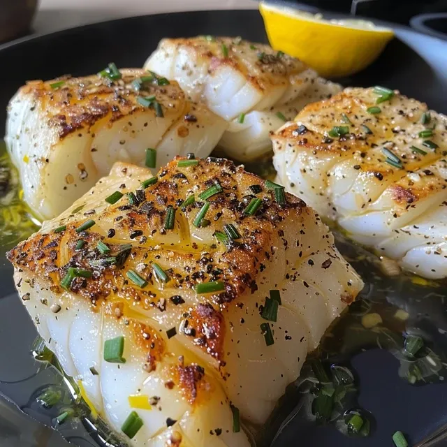 Close-up de bacalhau grelhado crocante com rodelas de limão e alho.
