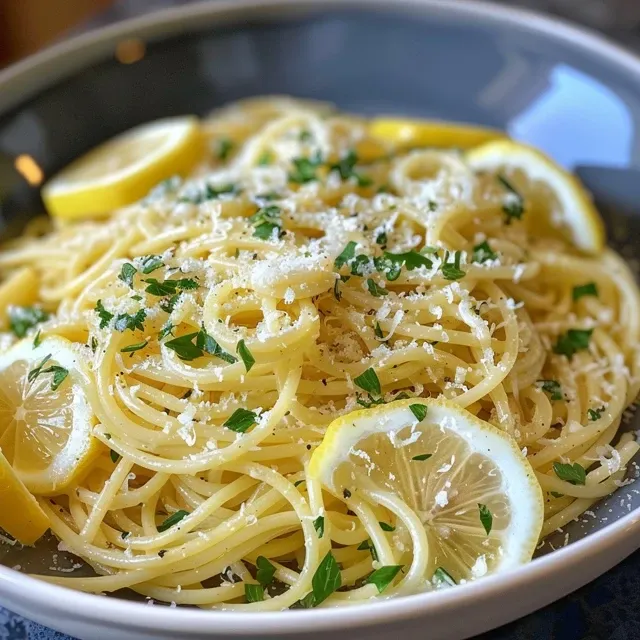 Side view of spaghetti al limone, featuring creamy sauce and lemon zest.