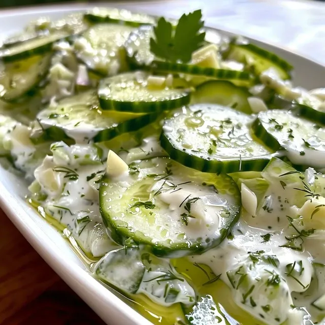 Salada refrescante de pepino e iogurte em um prato, com ervas visíveis.