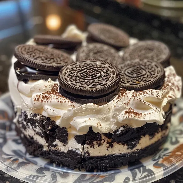 Side view of dessert cups filled with layers of cream cheese and whipped cream, sprinkled with cocoa powder.