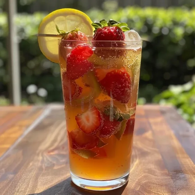 Side view of strawberry iced tea filled with sliced strawberries and lemon.