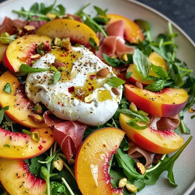 Close-up de uma salada fresca de pêssego grelhado e burrata, com folhas verdes e prosciutto.