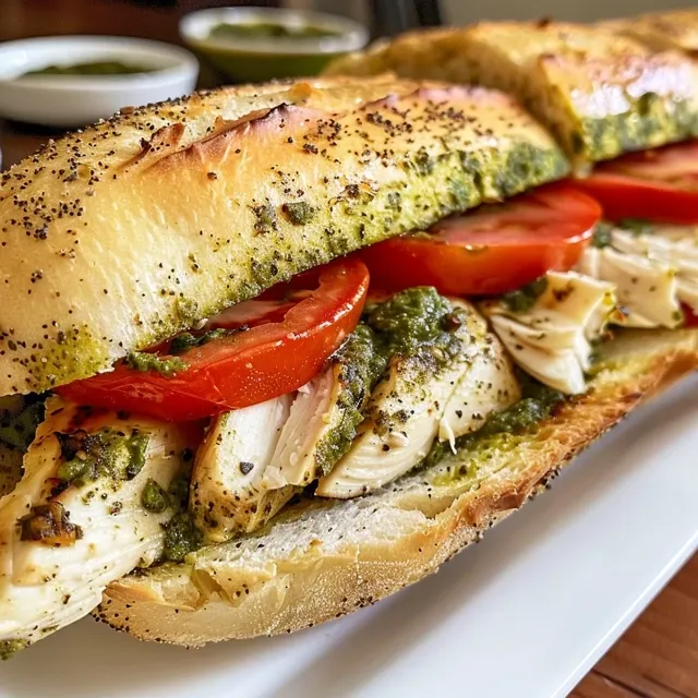 Foto lateral de um sanduíche de frango com pesto, destacando o queijo e os tomates.
