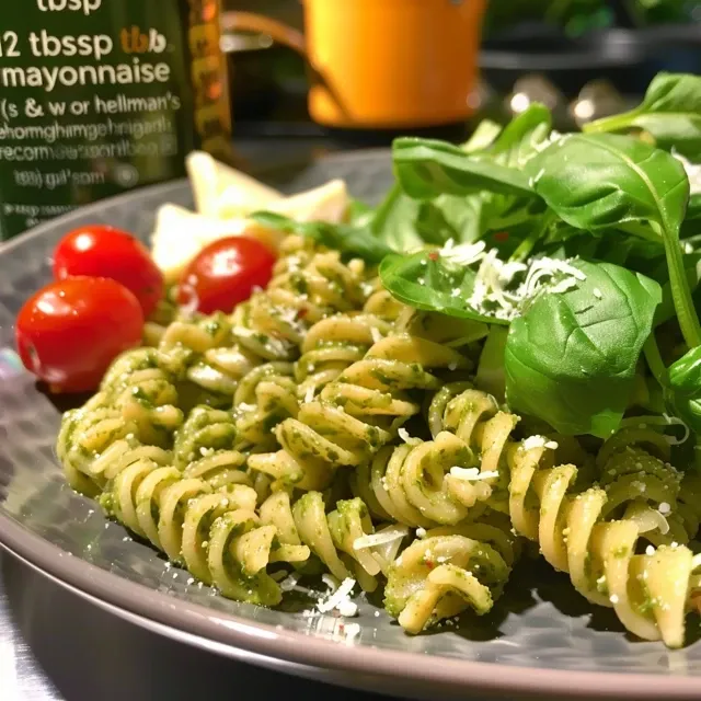 Side view of a vibrant salad with spiral pasta, basil, and arugula.
