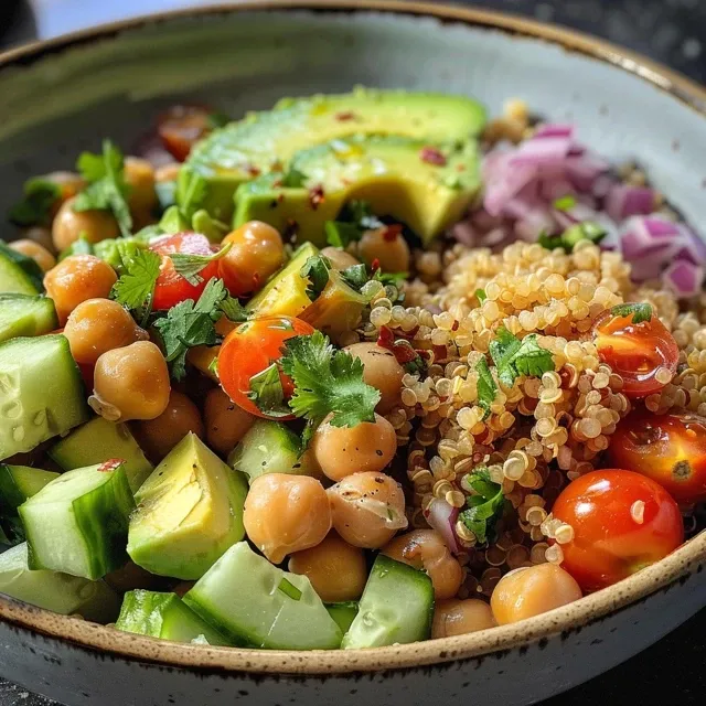 Close-up de uma tigela de verão com ingredientes frescos como grão de bico e abacate.