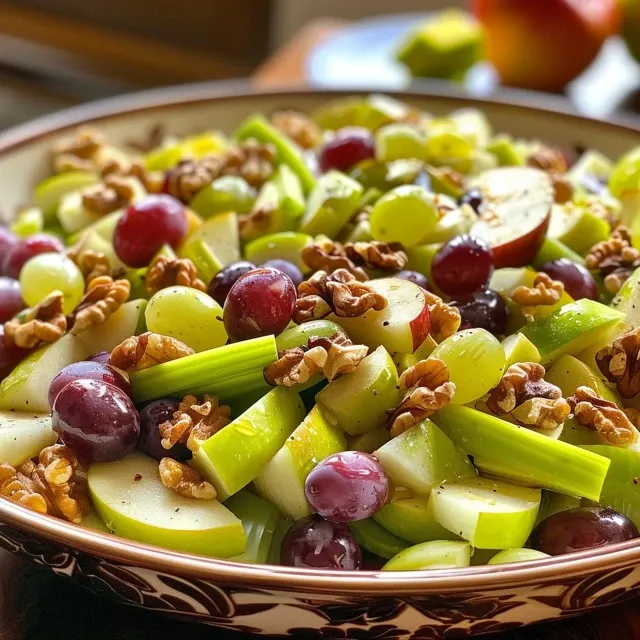 Close-up da Salada Waldorf com maçãs, nozes e uvas, decorada com molho cremoso.