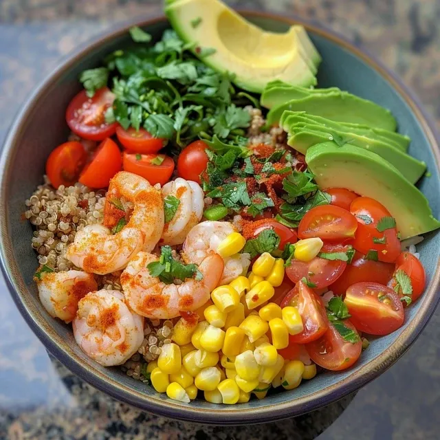 Side view of a healthy quinoa bowl featuring shrimp, avocado, and cherry tomatoes.