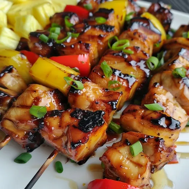 Close-up de espetinhos de frango com molho teriyaki e abacaxi.