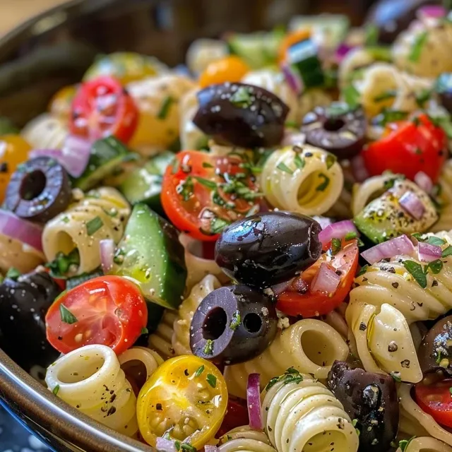 Colorful bowl of pasta salad featuring black and green olives alongside fresh vegetables.