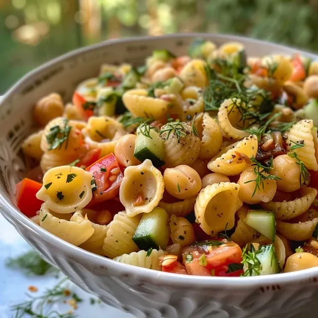 Side view of a vibrant pasta salad featuring chickpeas and colorful vegetables.