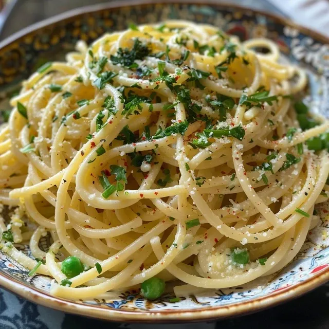 Detalhe de pasta com molho de limão e alho, salpicada de ervilhas e queijo parmesão vegano.