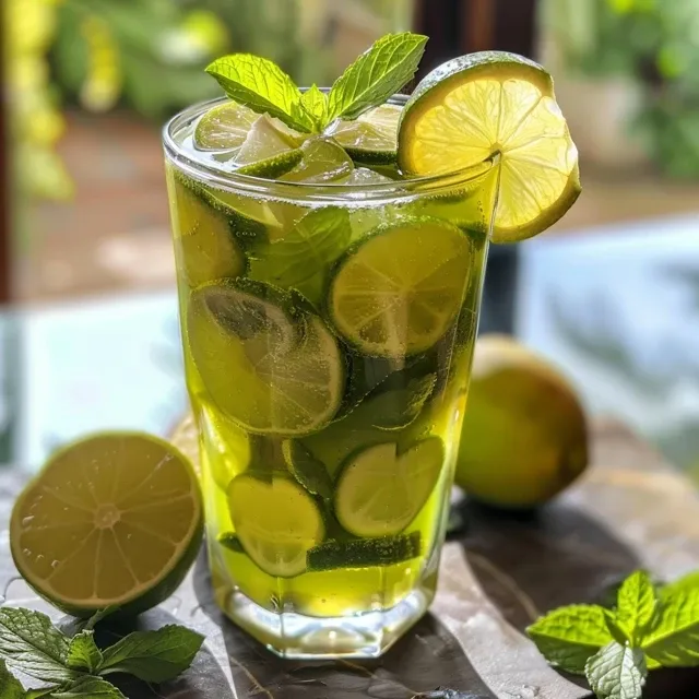 Chá verde gelado em copo transparente com folhas de hortelã e frutas frescas.