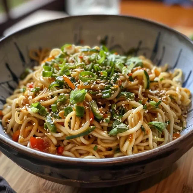 Noodles frios ao estilo asiático com molho cremoso, apresentado em um prato.