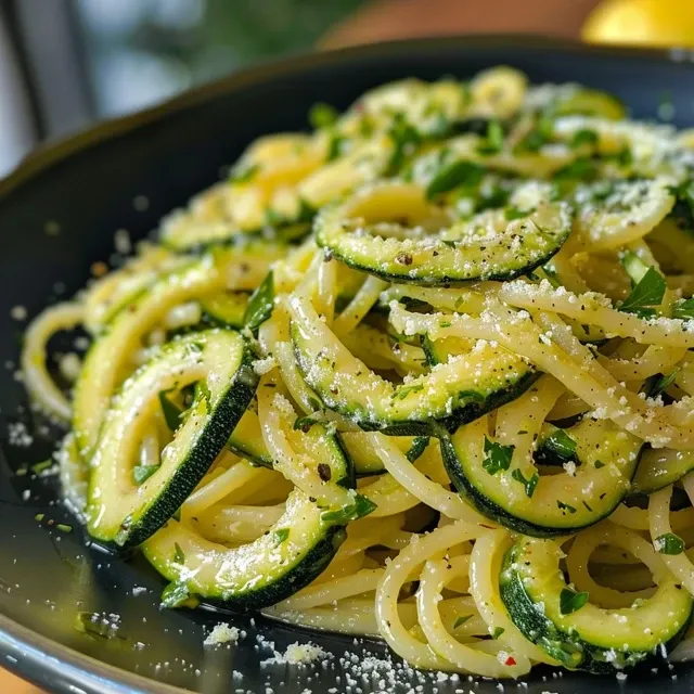 Side view of a serving of fusilli pasta mixed with zucchini and creamy sauce.