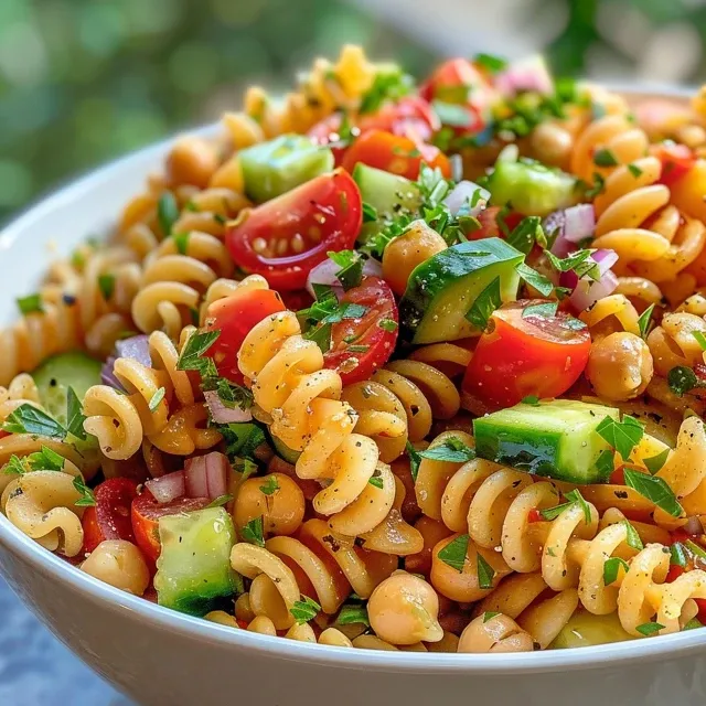 Side view of a delicious pasta salad featuring chickpeas and fresh ingredients.