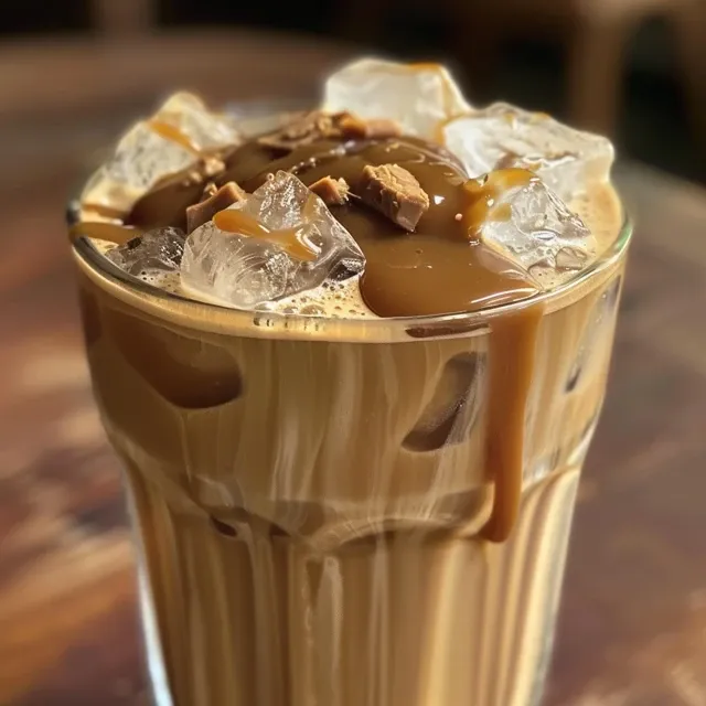 Vista lateral de um Iced Mocha Oat Latte em um copo transparente com gelo visível.