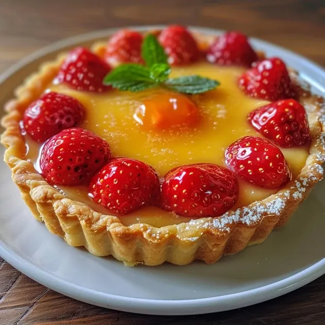 Side view of decorated strawberry tartlets with cream filling.