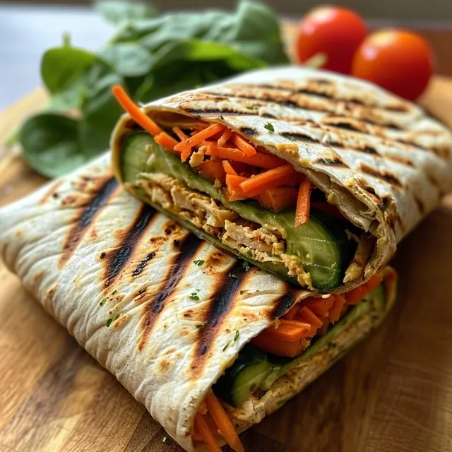 Close-up de um wrap de vegetais e hummus, com camadas coloridas.