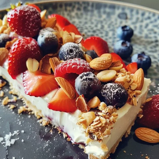 Close-up do bark de iogurte com pedaços de frutas e nozes em um fundo simples.