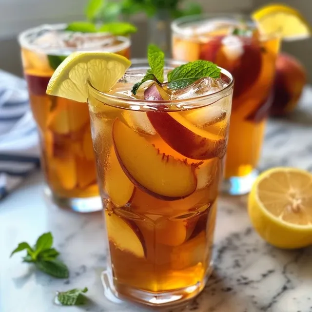 Juicy peach tea in a glass garnished with fresh mint and lemon slices.